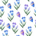 Summer watercolor seamless pattern with lots of blue and purple bluebells flowers and little heart shaped Royalty Free Stock Photo