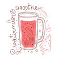 Summer watermelon detox drink, fruit smoothies, organic lemonade in glass bottle, jar and jugs with straws. Refreshing