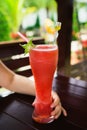 Summer watermelon fresh shake close-up. A refreshing tropical drink.