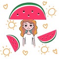 Summer watermelon girl pattern hand drawn cartoon vector Royalty Free Stock Photo