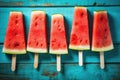 Summer watermelon slice popsicles on a blue rustic wood background. Generative AI Royalty Free Stock Photo