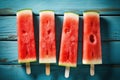 Summer watermelon slice popsicles on a blue rustic wood background. Generative AI Royalty Free Stock Photo