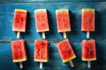 Summer watermelon slice popsicles on a blue rustic wood background. Generative AI Royalty Free Stock Photo