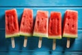 Summer watermelon slice popsicles on a blue rustic wood background. Generative AI Royalty Free Stock Photo