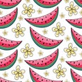 Summer watermelon and yellow flowers seamless pattern on white background Royalty Free Stock Photo