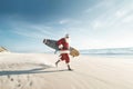 christmas santa sea surfing claus beach water summer holiday vacation. Generative AI. Royalty Free Stock Photo