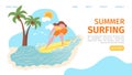 Summer wave sport, woman at beach surfing vector illustration. Ocean surf vacation, travel at sea by board landing Royalty Free Stock Photo