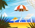 Summer web banner, background for travel. Tropical landscape with palm tree, beach umbrella and deckchair, yacht sail