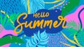 Summer web banner. Colorful botanical elements, anstract shapes, lines. Tropical leaves.