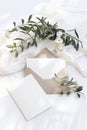 Summer wedding stationery mock-up scene. Blank greeting cards, envelope, olive branches and silk ribbon. White