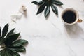 Summer wedding stationery mock-up scene. Dark green aralia leaves, silk ribbon and cup of coffee. White marble stone