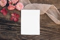 Summer wedding still life scene. Blank greeting card mock-up. Floral composition with pink roses, hydrangea flowers on