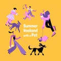 Summer weekend with a pet. Adults and children play and walk with dogs. Set of vector characters