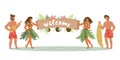 Summer welcoming banner with hawaiian dancers. Tropical beach party invitation