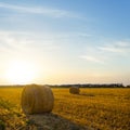 summer wheat field with haystack at the sunset Royalty Free Stock Photo