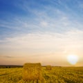 summer wheat field with haystack at the sunset Royalty Free Stock Photo