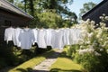 Summer white dry laundry clean clothes cotton rope line clothesline Royalty Free Stock Photo