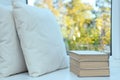 Summer a white pillow and books stand on the windowsill by the window