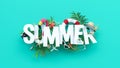 Summer white text with beach accessories and palm leaves on turquoise blue background