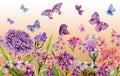 Summer wide banner. Vivid iberis flowers and colorful butterflies on orange background. Seamless panoramic floral pattern. Royalty Free Stock Photo