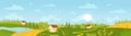 Summer wide panorama landscape with village and agricultural fields vector illustration. Cartoon farm countryside Royalty Free Stock Photo