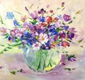 Summer wild meadow flowers bouquet in glass vase. still life oil art painting Royalty Free Stock Photo