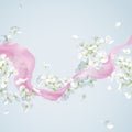 Summer wind - vector white apple blossom and pink silk ribbon Royalty Free Stock Photo