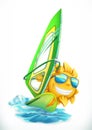 Summer Windsurfing. Funny sun on surfboard vector icon Royalty Free Stock Photo