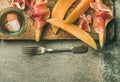 Summer wine party set with rose wine, prosciutto ham, melon Royalty Free Stock Photo