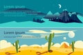 Summer and winter extreme travel horizontal banners, eco tourism, landscapes with snowy mountains and desert at night Royalty Free Stock Photo