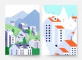 Summer winter landscape. Suburb lifestyle cards, minimal style buildings and nature in different seasons vector flyers