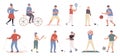Summer and winter sports flat vector illustrations set. Active leisure, recreation. Male and female athletes, people