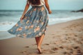 summer woman beach holiday fashion hippie dress lifestyle beautiful person sea. Generative AI. Royalty Free Stock Photo