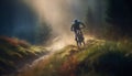 summer woman bicycle cycling bike outdoors walking dark sport forest sunset. Generative AI.