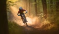 cycling woman summer dark bike bicycle walking forest sunset helmet sport. Generative AI.