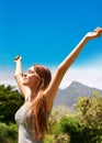 Summer, woman and freedom in forest with peace, green trees and relax for wellness. Environment, satisfaction and female Royalty Free Stock Photo