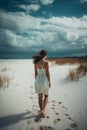 Summer woman in hat walking away in white sand , blue sky. Ai generative