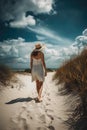 Summer woman in hat walking away in white sand , blue sky. Ai generative