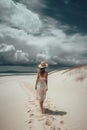 Summer woman in hat walking away in white sand , blue sky. Ai generative