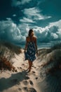 Summer woman in hat walking away in white sand , blue sky. Ai generative