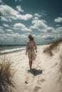 Summer woman in hat walking away in white sand , blue sky. Ai generative