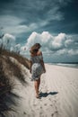 Summer woman in hat walking away in white sand , blue sky. Ai generative