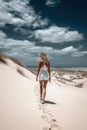 Summer woman in hat walking away in white sand , blue sky. Ai generative