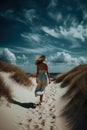 Summer woman in hat walking away in white sand , blue sky. Ai generative