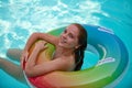 Summer woman in pool. Summertime girl in swimsuit. Summer leisure and holiday,