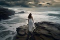 summer woman storm sky cloud dress sea ocean girl beach nature. Generative AI.