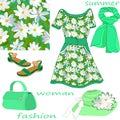 Summer women`s fashion set in mint color isolated and seamless floral pattern