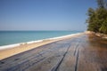 Summer wood desk sky foreground and the sea of blue background on horizon tropical sandy beach. Feel relaxed with nature. Concept Royalty Free Stock Photo