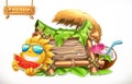 Summer. Wooden banner. 3d vector