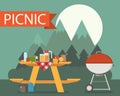 Wooden Picnic Table on Mountain Background